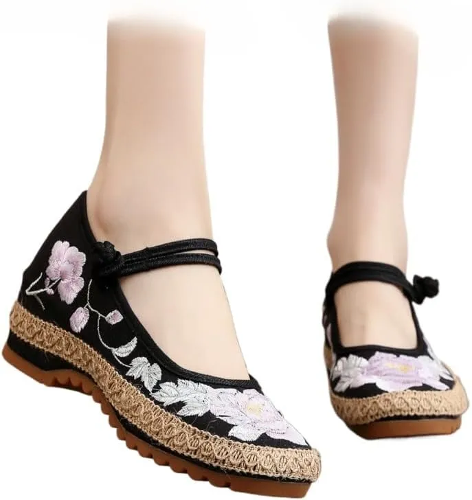 Mary Jane Espadrilles for Women Platform Rattan Wedge Sandals Low Heel with Arch Support Slip on House Slippers Casual Dress Shoes Lightweight Breathable Low Top Straps Comfort Walking Slide Outdoor