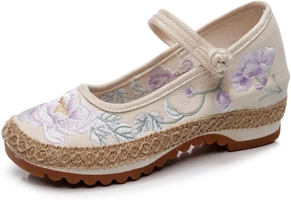 Mary Jane Espadrilles for Women Platform Rattan Wedge Sandals Low Heel with Arch Support Slip on House Slippers Casual Dress Shoes Lightweight Breathable Low Top Straps Comfort Walking Slide Outdoor