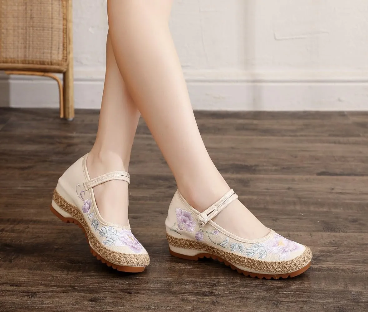 Mary Jane Espadrilles for Women Platform Rattan Wedge Sandals Low Heel with Arch Support Slip on House Slippers Casual Dress Shoes Lightweight Breathable Low Top Straps Comfort Walking Slide Outdoor