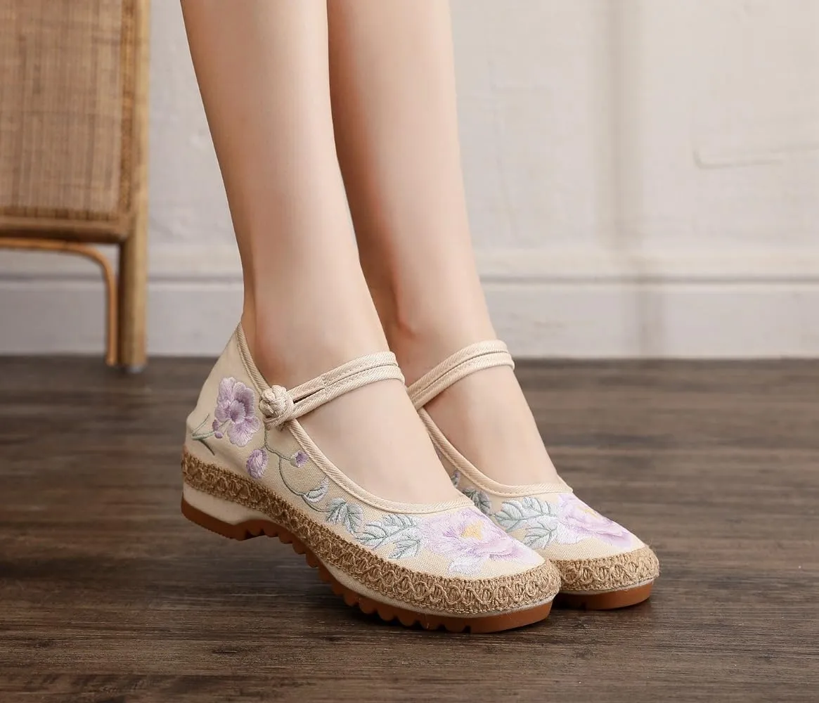 Mary Jane Espadrilles for Women Platform Rattan Wedge Sandals Low Heel with Arch Support Slip on House Slippers Casual Dress Shoes Lightweight Breathable Low Top Straps Comfort Walking Slide Outdoor