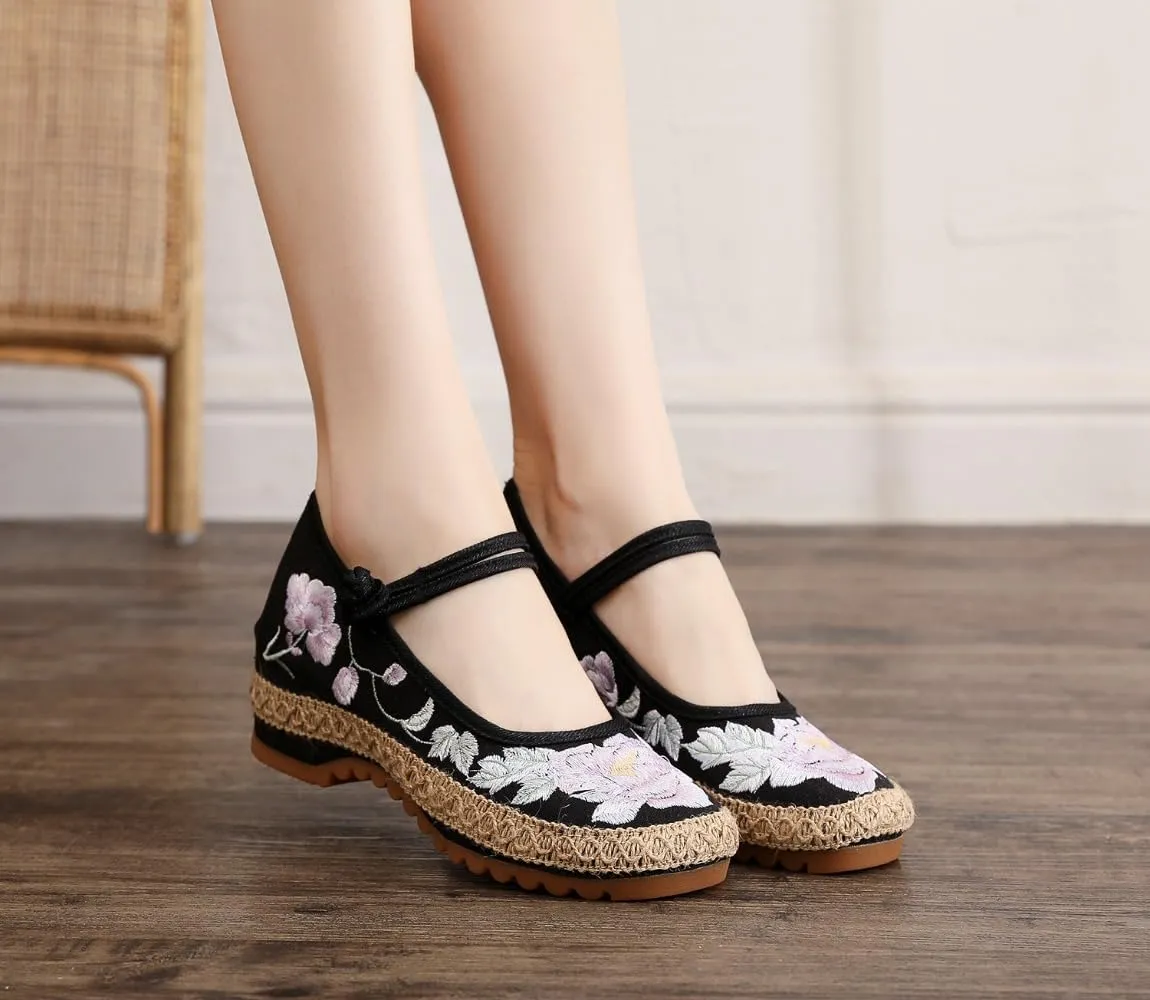 Mary Jane Espadrilles for Women Platform Rattan Wedge Sandals Low Heel with Arch Support Slip on House Slippers Casual Dress Shoes Lightweight Breathable Low Top Straps Comfort Walking Slide Outdoor