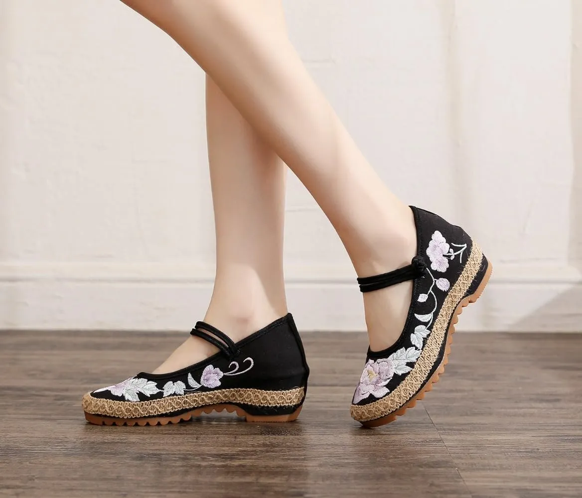 Mary Jane Espadrilles for Women Platform Rattan Wedge Sandals Low Heel with Arch Support Slip on House Slippers Casual Dress Shoes Lightweight Breathable Low Top Straps Comfort Walking Slide Outdoor