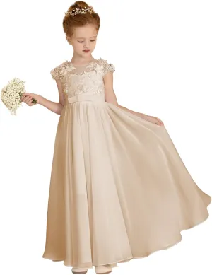 MCieloLuna Chiffon Applique Flower Girl Dresses for Wedding White A-Line Cap Sleeve Formal Bridesmaid Brithday Party Gowns