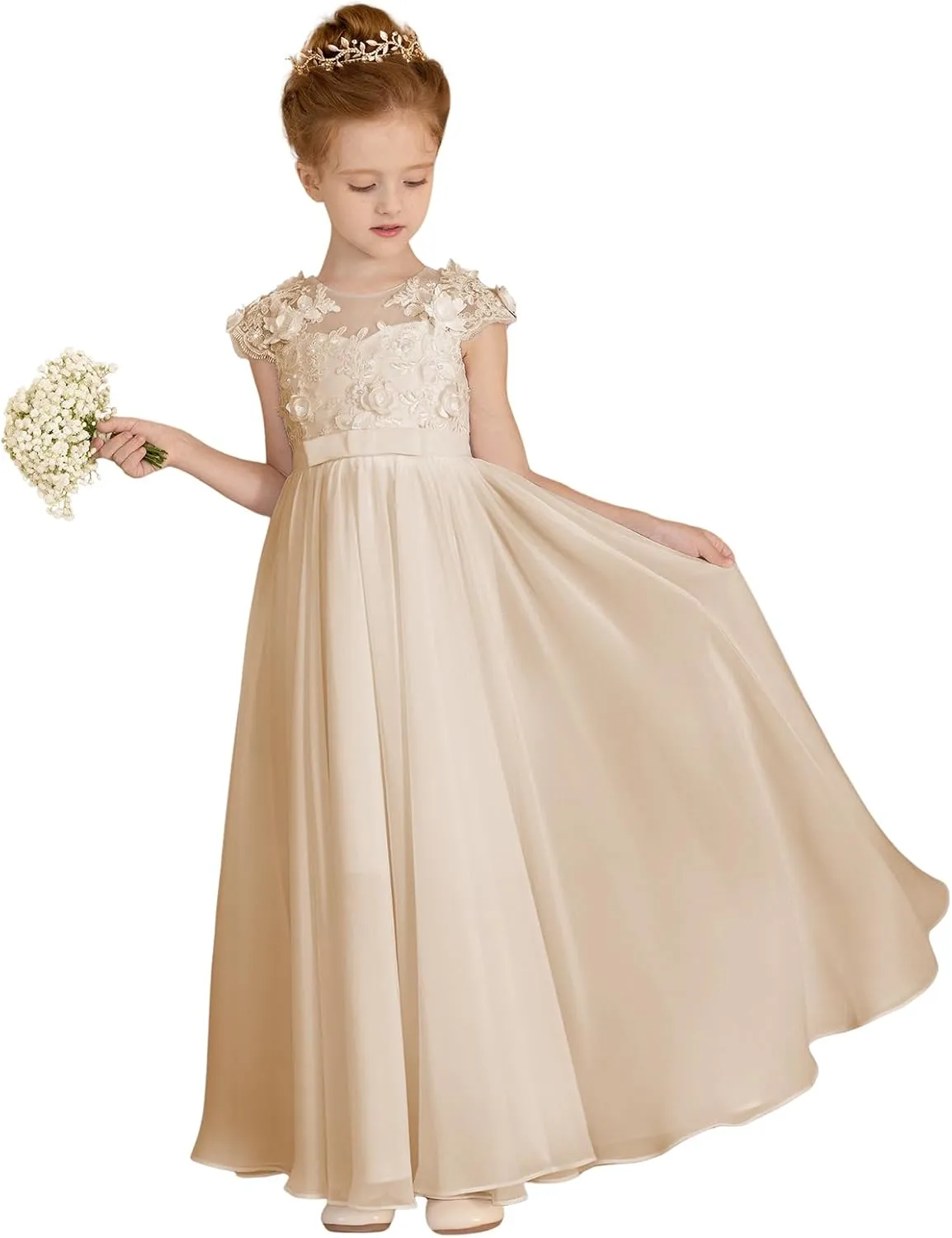 MCieloLuna Chiffon Applique Flower Girl Dresses for Wedding White A-Line Cap Sleeve Formal Bridesmaid Brithday Party Gowns