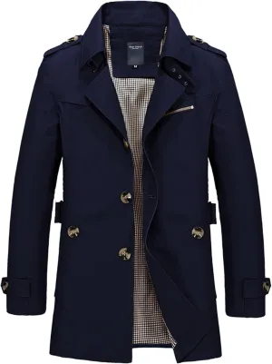 Mens Casual Windproof Long Jackets Single Breasted Windbreaker Long Sleeves Waterproof Fit Coats Business Fall Tops