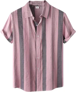 Mens Color Block Striped Print Short Sleeve Button Up Casual Shirts, Cotton Linen Summer Floral Hawaiian Shirts