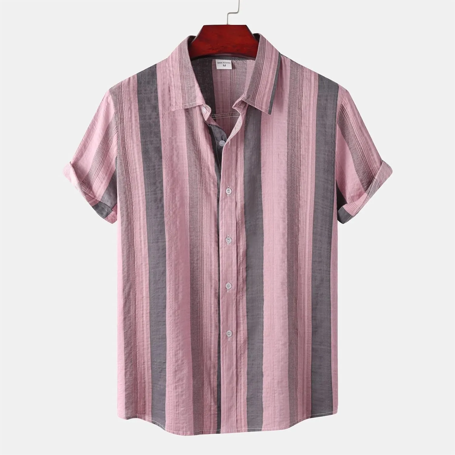 Mens Color Block Striped Print Short Sleeve Button Up Casual Shirts, Cotton Linen Summer Floral Hawaiian Shirts