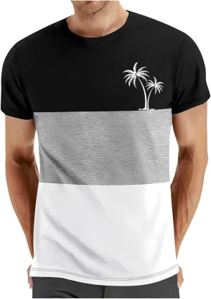 Men's Color Striped Tees Pattern Basic Simple Shirts Palm Tree Classic Printed Beach Shirts Top Short Sleeve Tees
