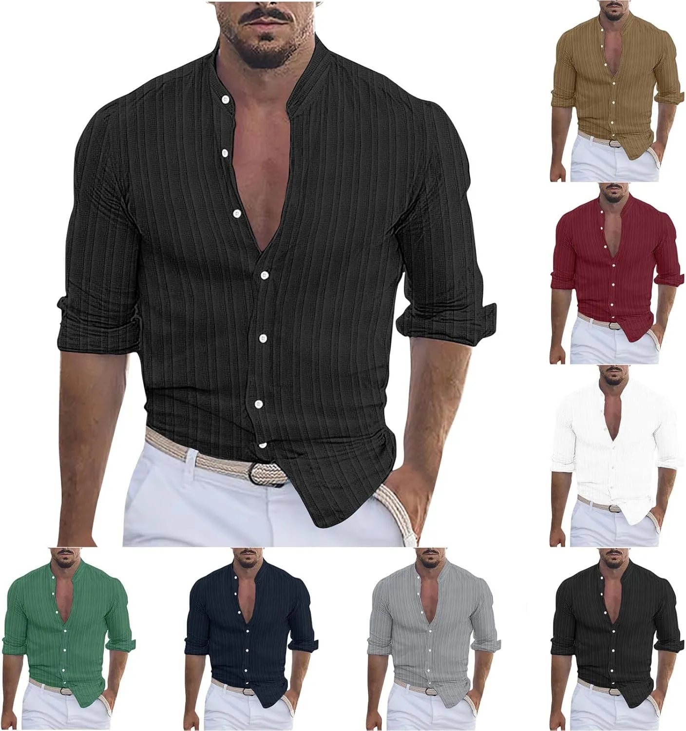 Mens Cotton Linen Striped Shirts Long Sleeve Blouse Button Down Shirt Casual Beach Tops Solid Color Lightweight Shirts