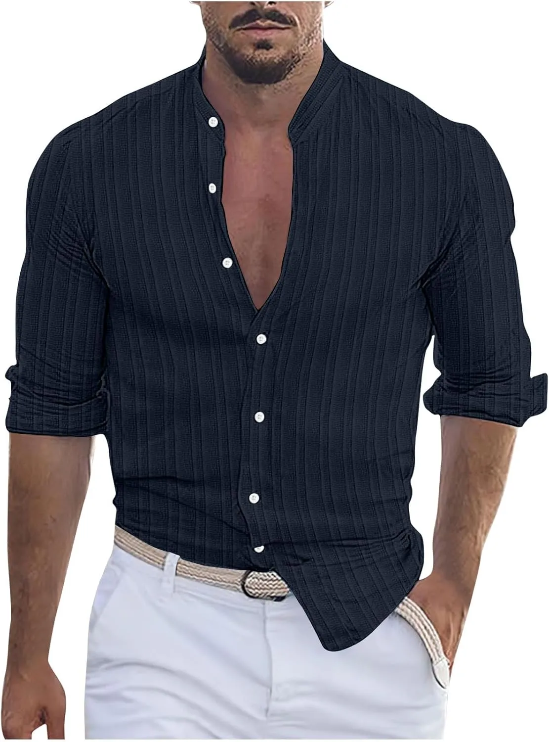 Mens Cotton Linen Striped Shirts Long Sleeve Blouse Button Down Shirt Casual Beach Tops Solid Color Lightweight Shirts
