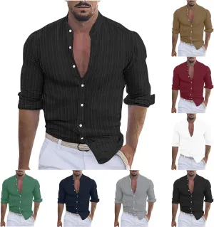 Mens Cotton Linen Striped Shirts Long Sleeve Blouse Button Down Shirt Casual Beach Tops Solid Color Lightweight Shirts