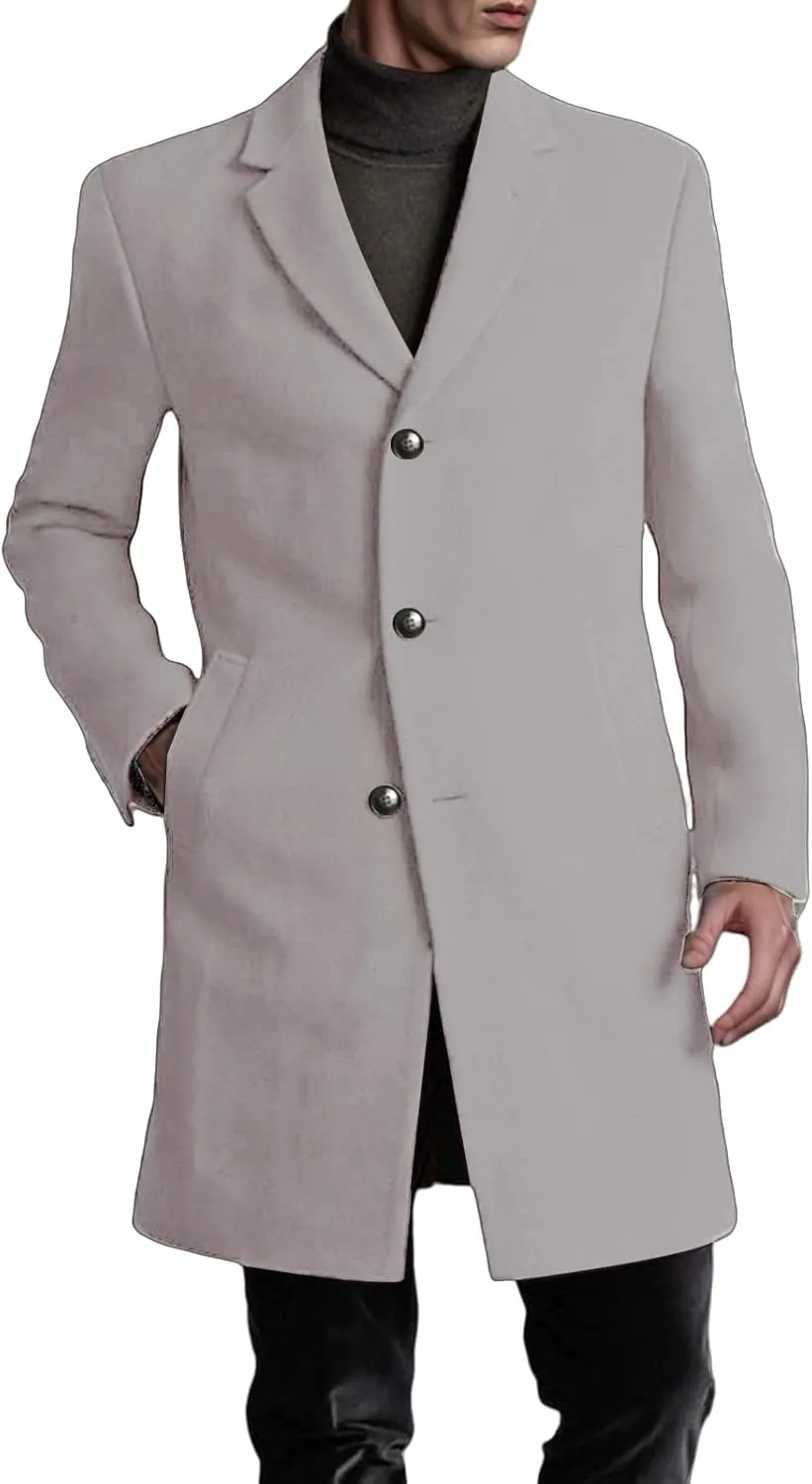 Men's Double Breasted Wool Blend Trench Coats Long Sleeves with Pockets for Business or Casual Wear