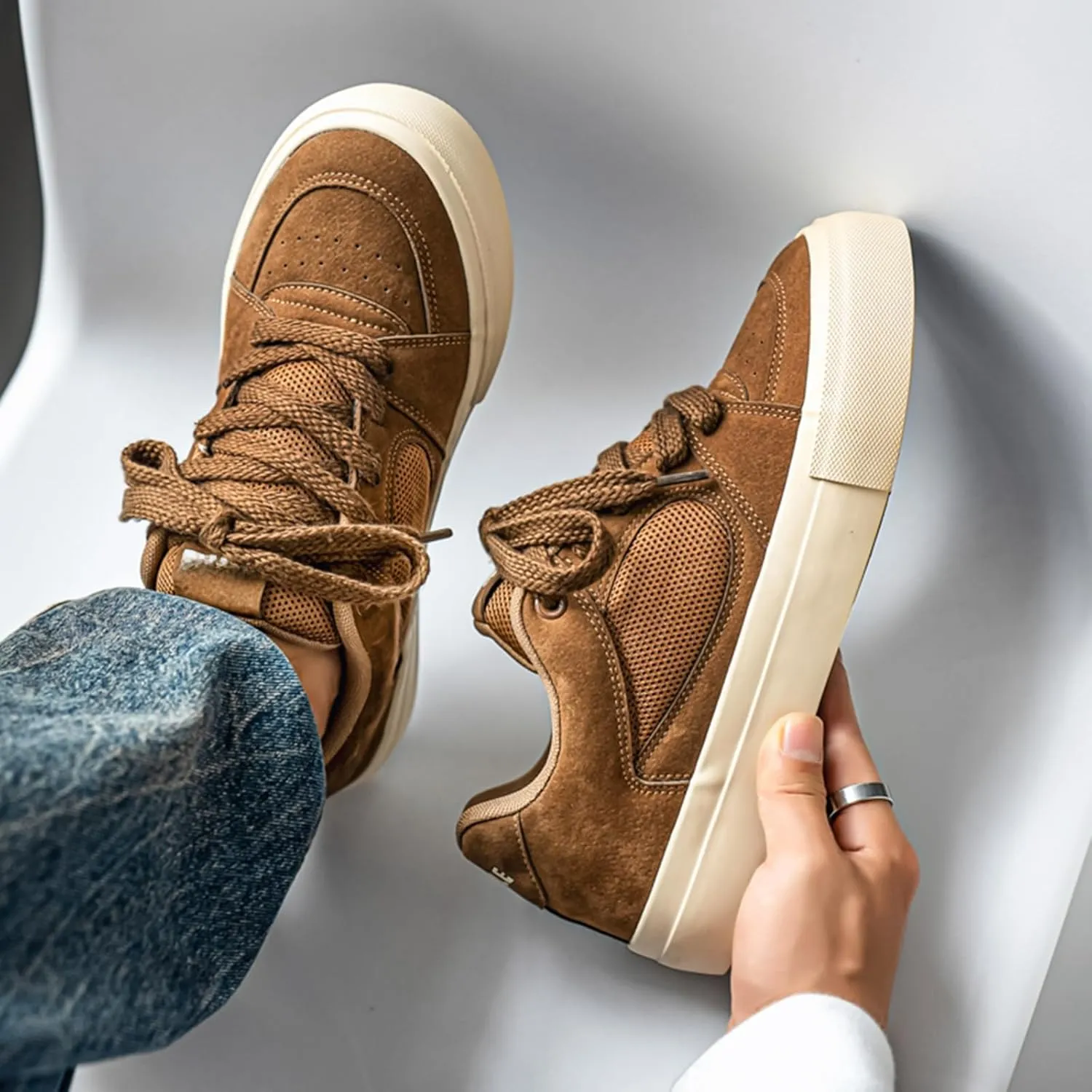 Men's Fashion Hollow Suede Leather Platform Lace Up Sneakers Casual Low Top Breathable Lightweight Walking Trainers Tennis Skate Shoes
