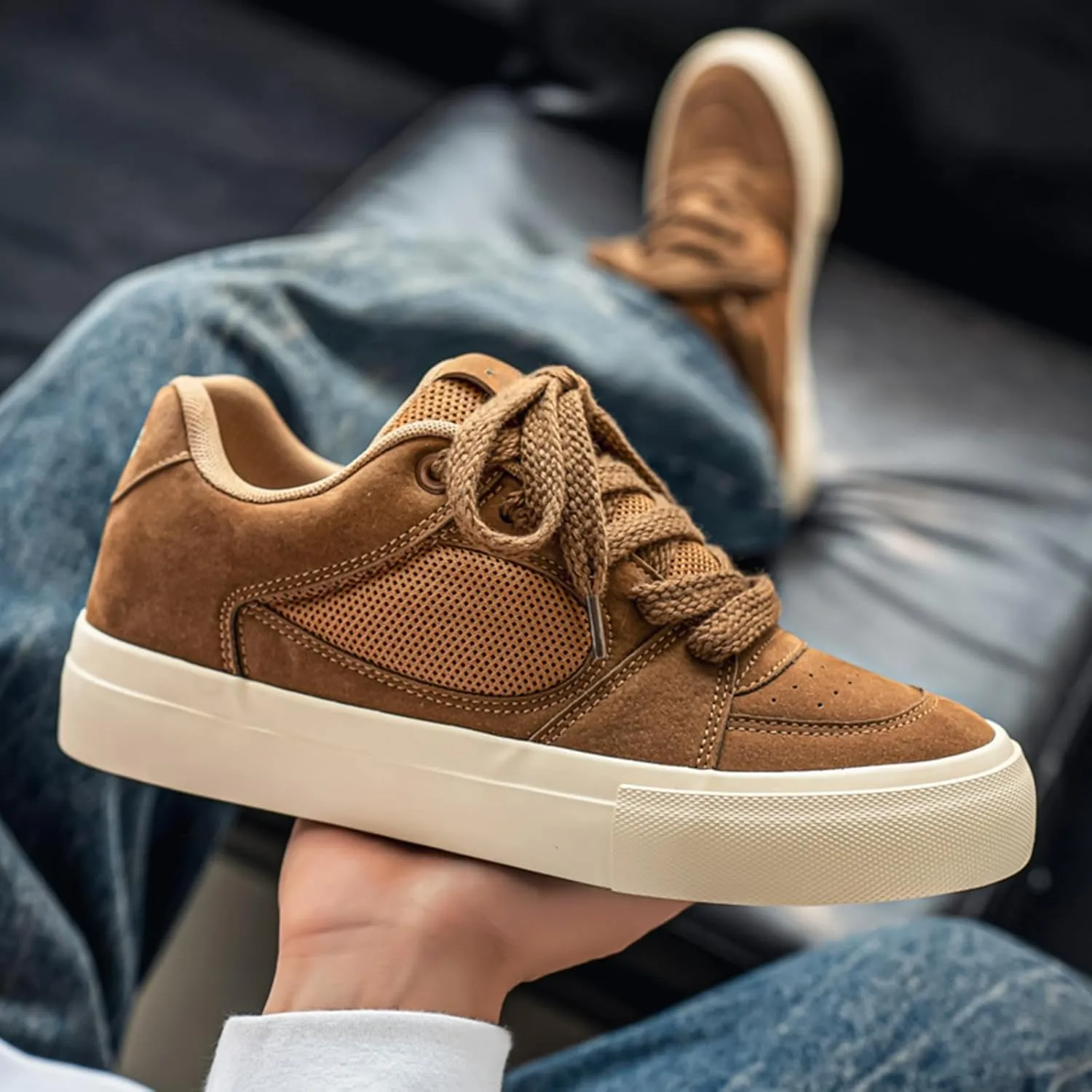 Men's Fashion Hollow Suede Leather Platform Lace Up Sneakers Casual Low Top Breathable Lightweight Walking Trainers Tennis Skate Shoes