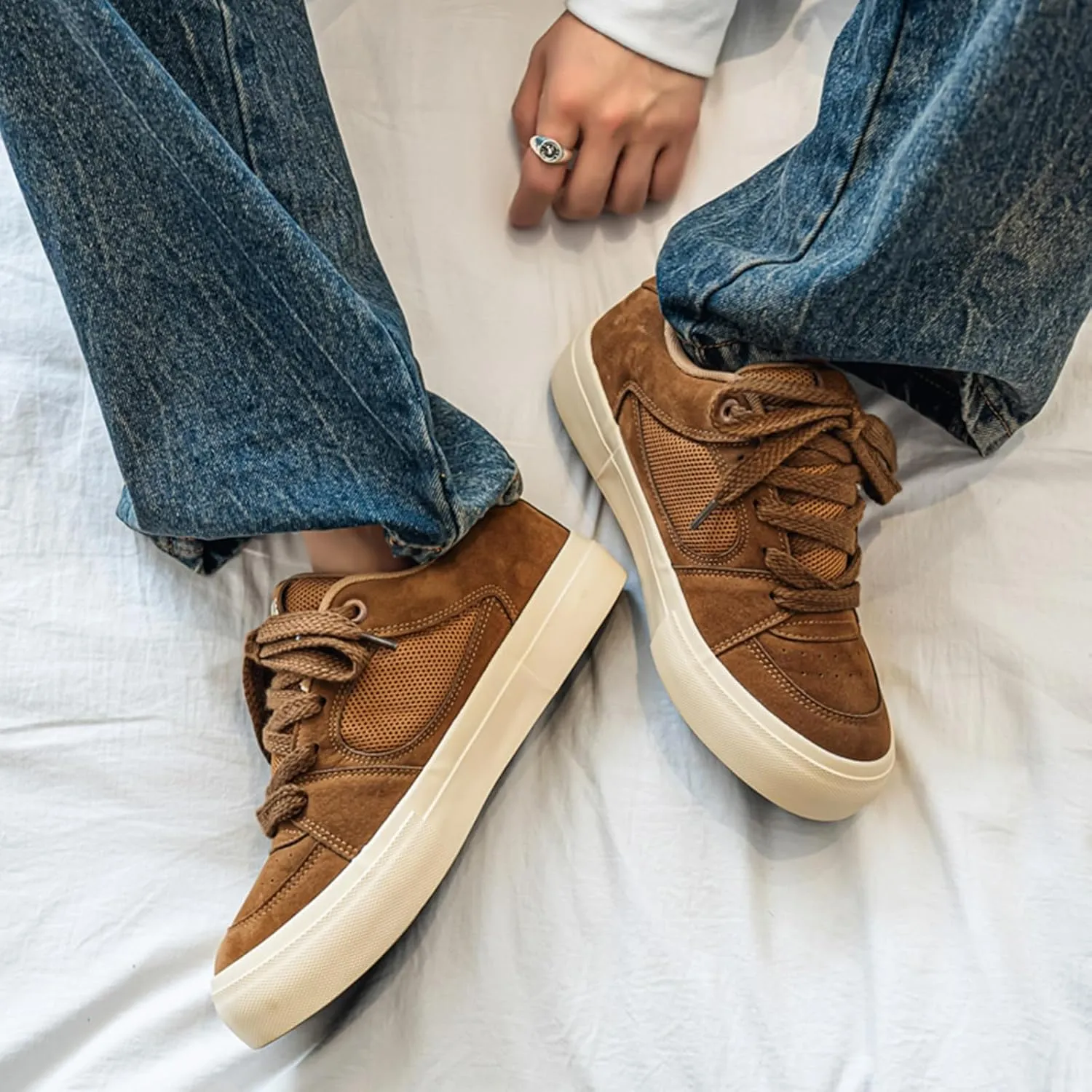Men's Fashion Hollow Suede Leather Platform Lace Up Sneakers Casual Low Top Breathable Lightweight Walking Trainers Tennis Skate Shoes