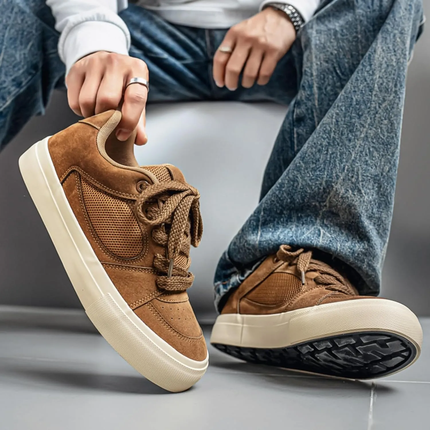 Men's Fashion Hollow Suede Leather Platform Lace Up Sneakers Casual Low Top Breathable Lightweight Walking Trainers Tennis Skate Shoes