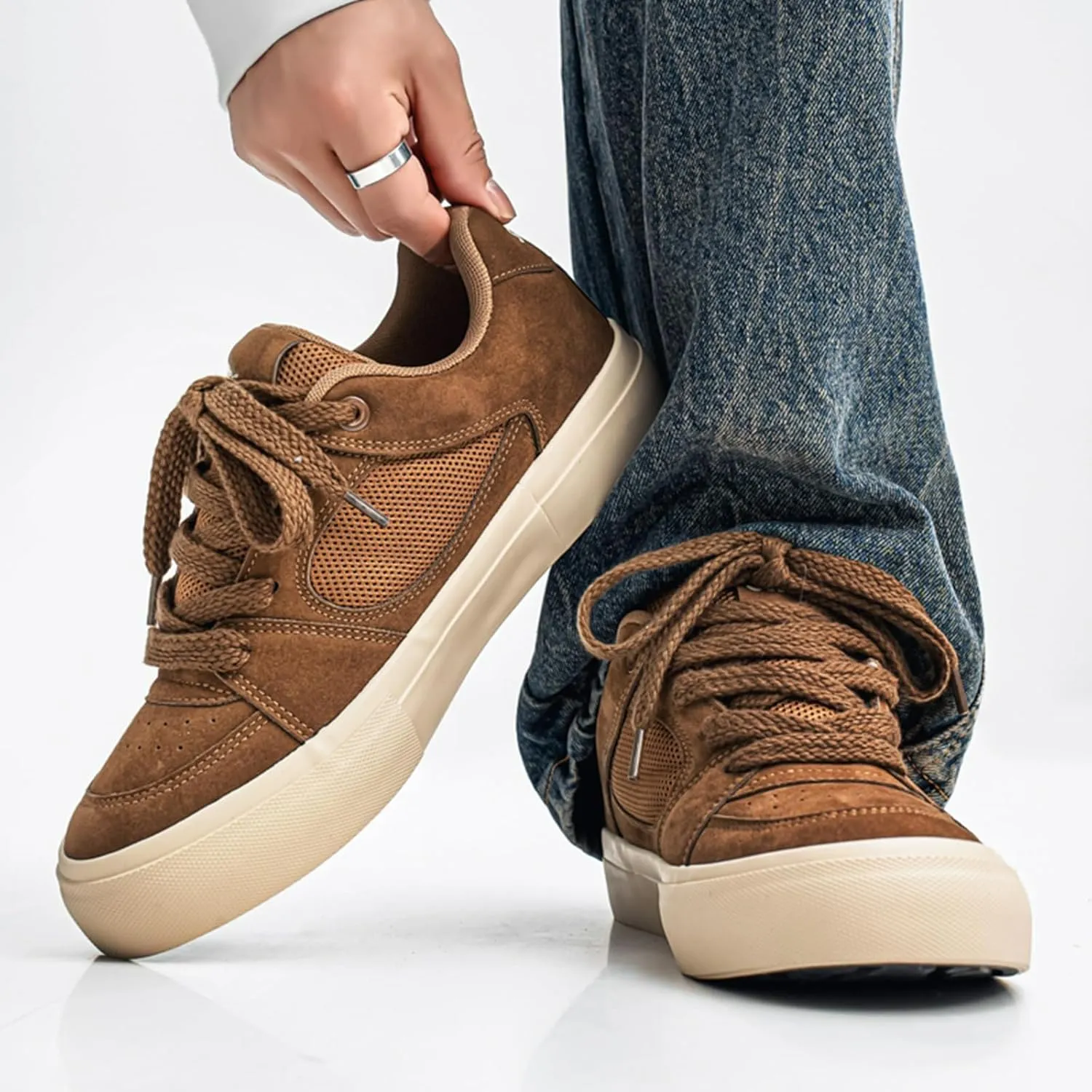 Men's Fashion Hollow Suede Leather Platform Lace Up Sneakers Casual Low Top Breathable Lightweight Walking Trainers Tennis Skate Shoes
