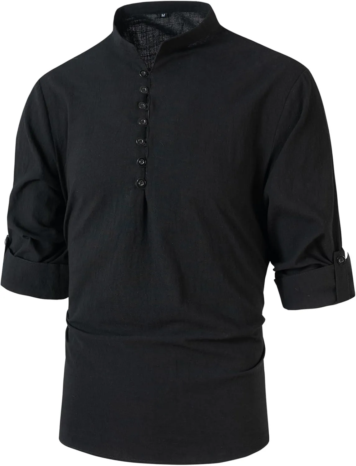 Mens Henley Neck Long Sleeve Linen Shirts Cotton Linen Henley T-Shirts Long Sleeve Hippie Casual Beach Shirts