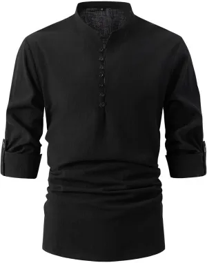 Mens Henley Neck Long Sleeve Linen Shirts Cotton Linen Henley T-Shirts Long Sleeve Hippie Casual Beach Shirts