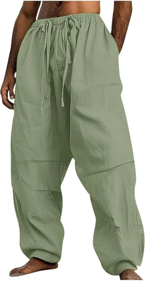 Mens Linen Harem Drawstring Pants Casual Elastic Waist Lightweight Trouser Hippie Loose Wide Leg Pants with Pocket