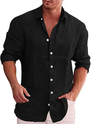 Men's Linen Shirts Button Down Collar Long Sleeve Dress Shirt Tropical Summer Casual Hawaiian Beach Untucked Tops