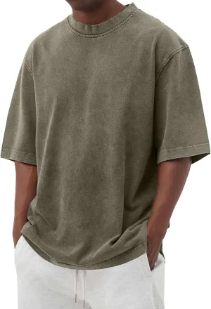 Mens Short Sleeve Crewneck Oversized T Shirt Heavy Cotton Summer T-Shirts American Vintage Washed Distressed Tee Tops