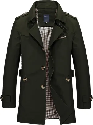 Mens Slim Notched Collar Single Breasted Cotton Jacket Office Trench Coat Mid Length Wool Blend Pea Coat for Outdoor Fall