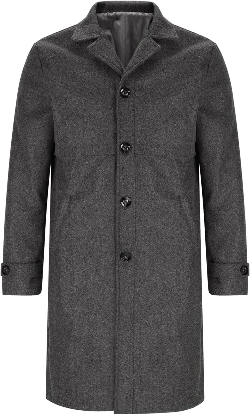 Men's Trench Coat Faux Wool Long Jacket Classic Winter Warm Windproof Overcoat Single Breasted Notched Lapel Pea Coat