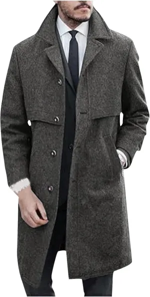 Men's Trench Coat Faux Wool Long Jacket Classic Winter Warm Windproof Overcoat Single Breasted Notched Lapel Pea Coat