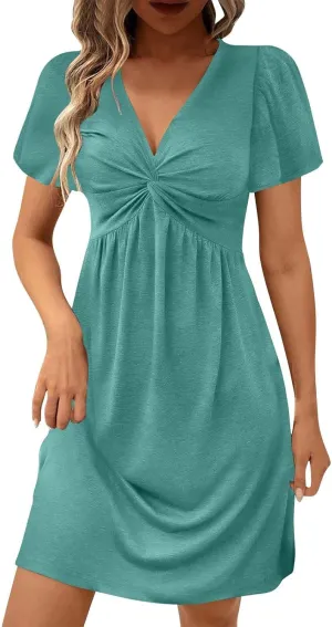 Mini Dress for Women Twist Front V Neck Summer Dresses Short Sleeve Casual Sundress Boho Beach Cruise Outfits 2025