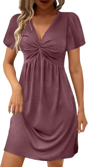 Mini Dress for Women Twist Front V Neck Summer Dresses Short Sleeve Casual Sundress Boho Beach Cruise Outfits 2025