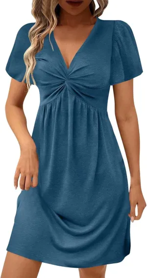 Mini Dress for Women Twist Front V Neck Summer Dresses Short Sleeve Casual Sundress Boho Beach Cruise Outfits 2025