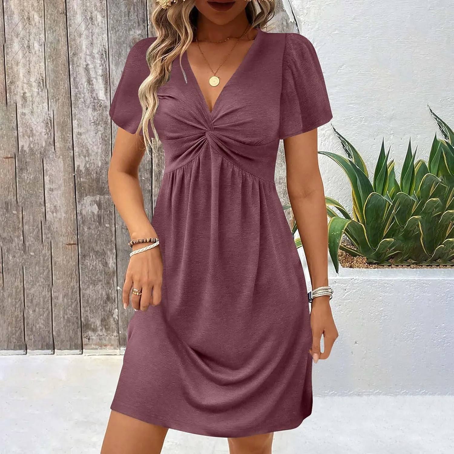 Mini Dress for Women Twist Front V Neck Summer Dresses Short Sleeve Casual Sundress Boho Beach Cruise Outfits 2025