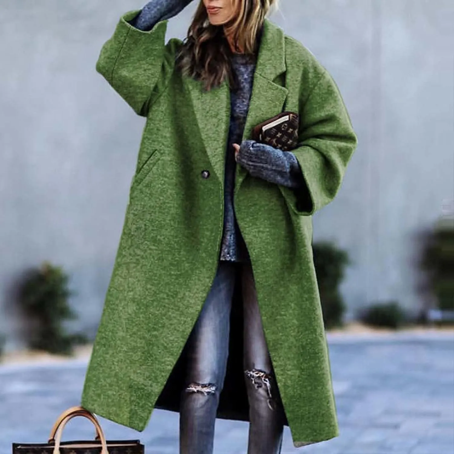 Miyaomn Women's Casual Oversized Slouchy Woollen Overcoat Jacket Notched Single Breasted Winter Long Pea Trench Coats Pockets