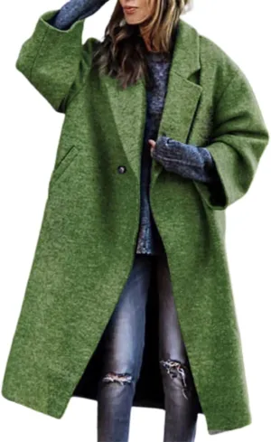 Miyaomn Women's Casual Oversized Slouchy Woollen Overcoat Jacket Notched Single Breasted Winter Long Pea Trench Coats Pockets