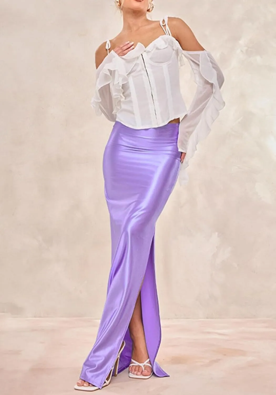 Molisry Women's Satin Silk Skirt Dressy High Waisted Side Slit Elegant A-Line Long Maxi Pencil Skirt Wedding
