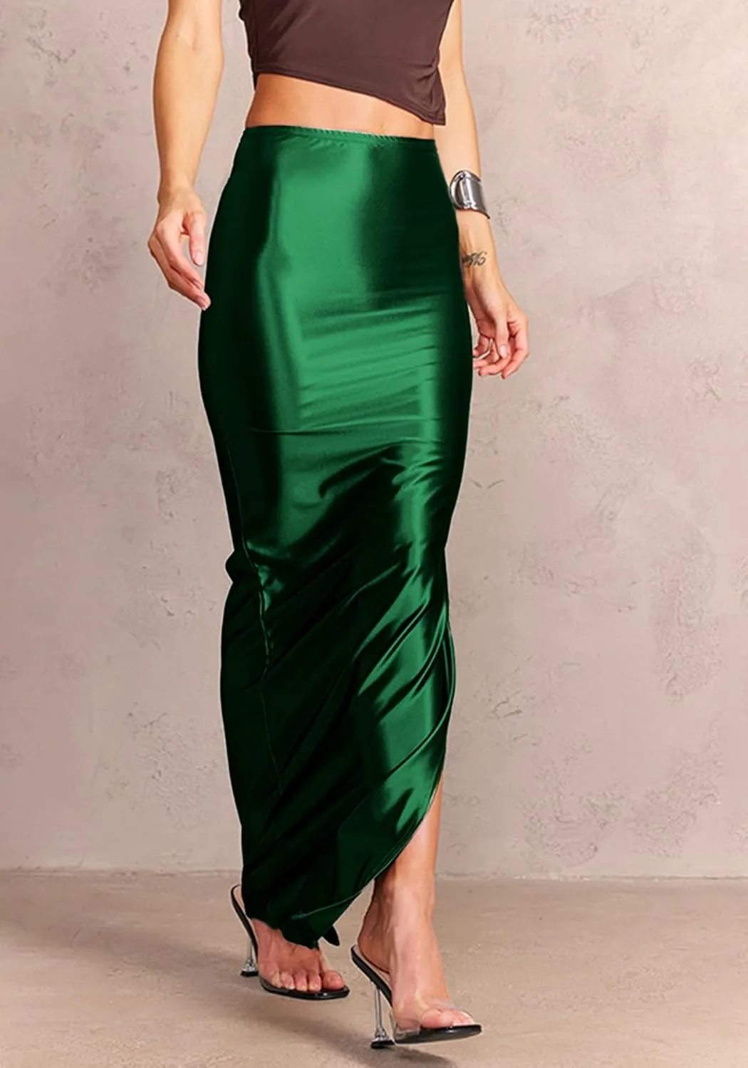 Molisry Women's Satin Silk Skirt Dressy High Waisted Side Slit Elegant A-Line Long Maxi Pencil Skirt Wedding