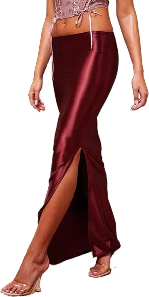 Molisry Women's Satin Silk Skirt Dressy High Waisted Side Slit Elegant A-Line Long Maxi Pencil Skirt Wedding