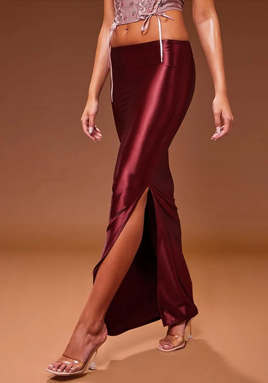 Molisry Women's Satin Silk Skirt Dressy High Waisted Side Slit Elegant A-Line Long Maxi Pencil Skirt Wedding