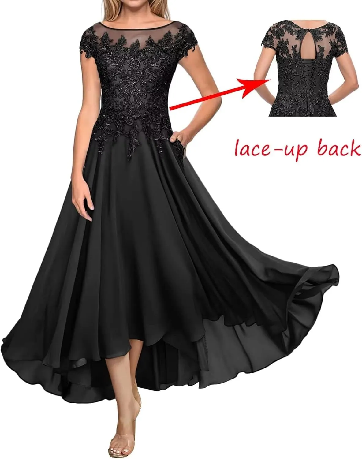 Mother of The Bride Dresses Cowl Neck Lace Appliques Formal Evening Party Prom Gown Chiffon Cap Sleeve A-Line DR0209