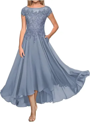 Mother of The Bride Dresses Cowl Neck Lace Appliques Formal Evening Party Prom Gown Chiffon Cap Sleeve A-Line DR0209