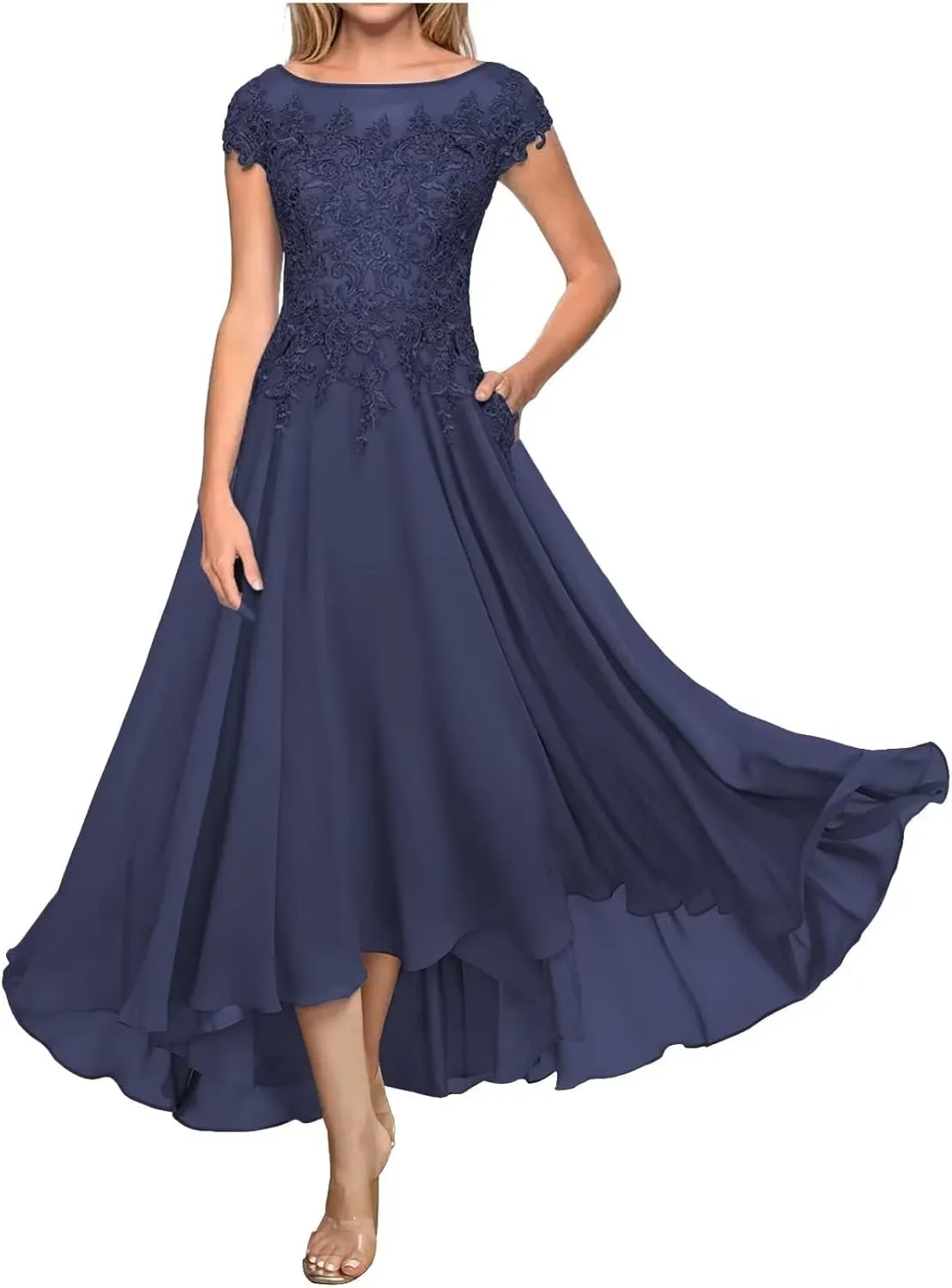 Mother of The Bride Dresses Cowl Neck Lace Appliques Formal Evening Party Prom Gown Chiffon Cap Sleeve A-Line DR0209