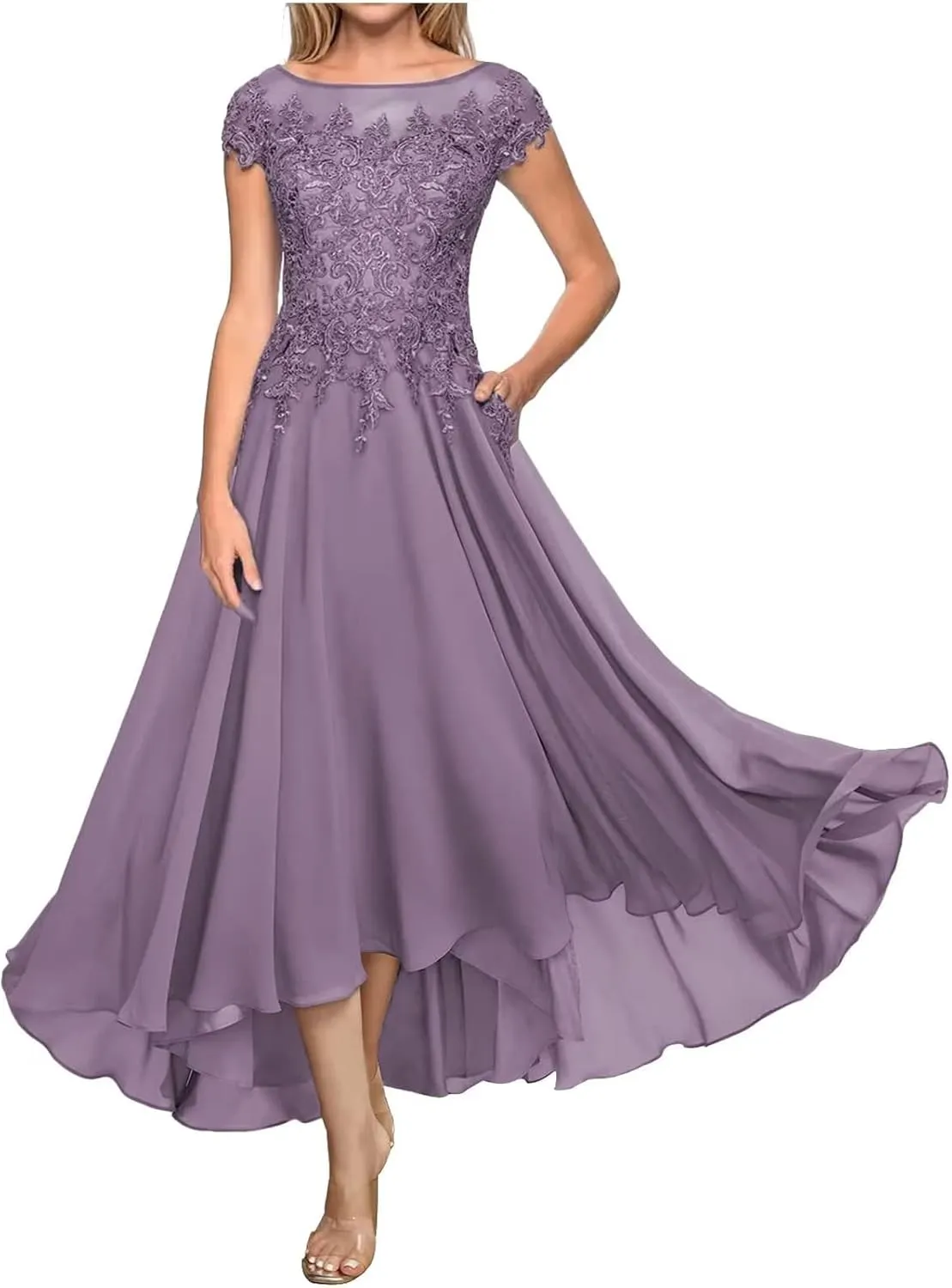 Mother of The Bride Dresses Cowl Neck Lace Appliques Formal Evening Party Prom Gown Chiffon Cap Sleeve A-Line DR0209