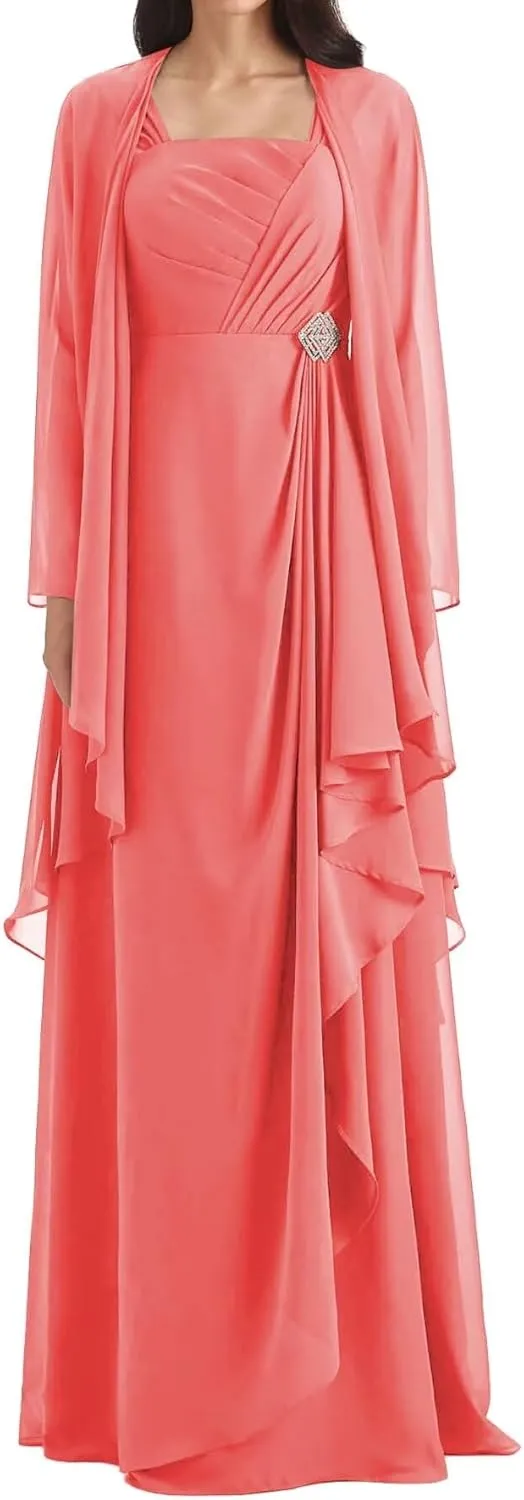 Mother of The Bride Dresses with Jacket Pleated Ruffles Formal Evening Gown 2 Pieces Long Chiffon