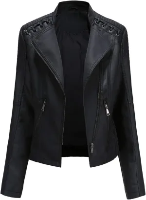 Motorcycle Jacket for Women Faux Leather Slim Fit Biker Coats Asymmetrical Zipper Long Sleeve Moto Jackets