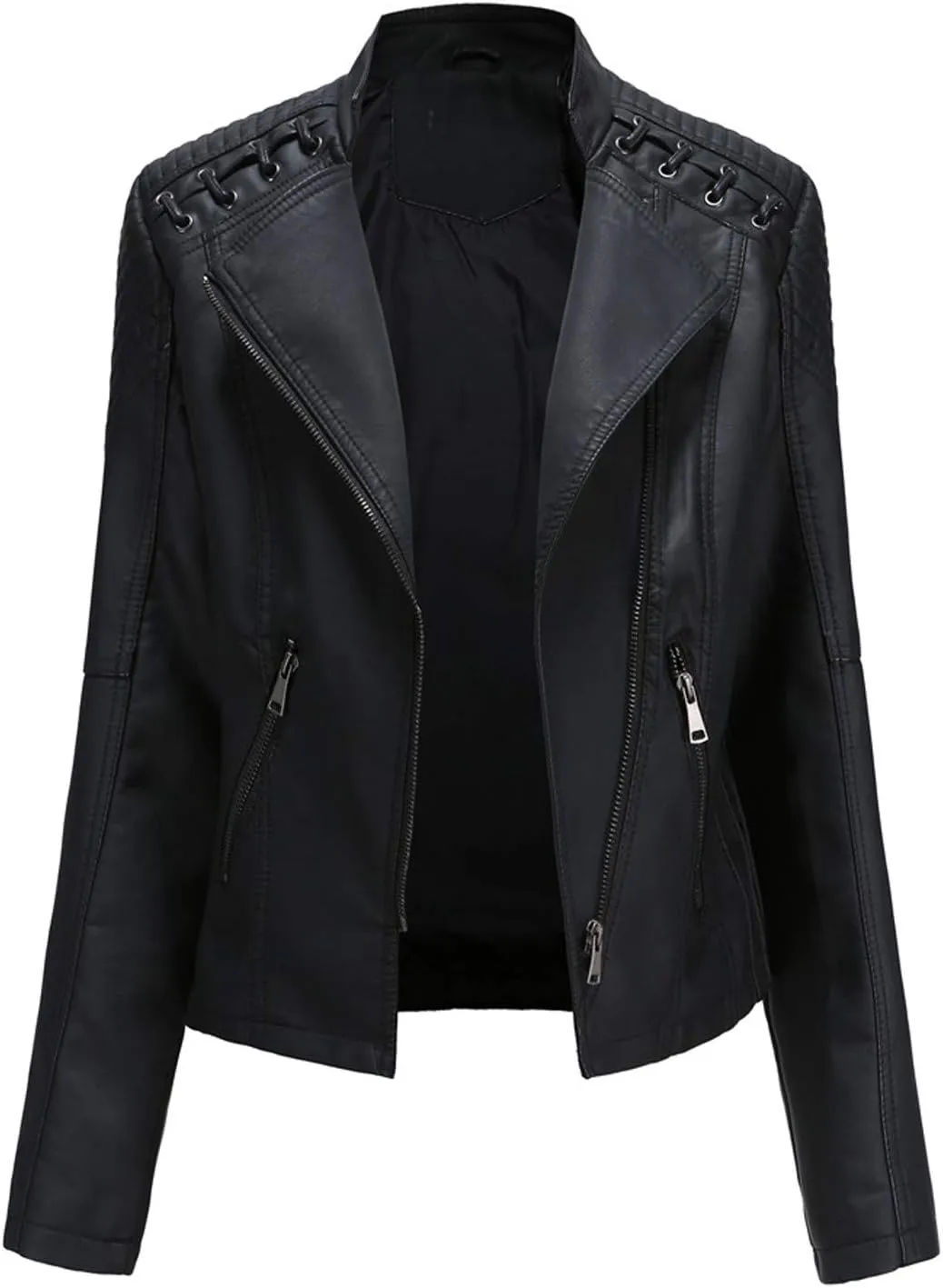 Motorcycle Jacket for Women Faux Leather Slim Fit Biker Coats Asymmetrical Zipper Long Sleeve Moto Jackets