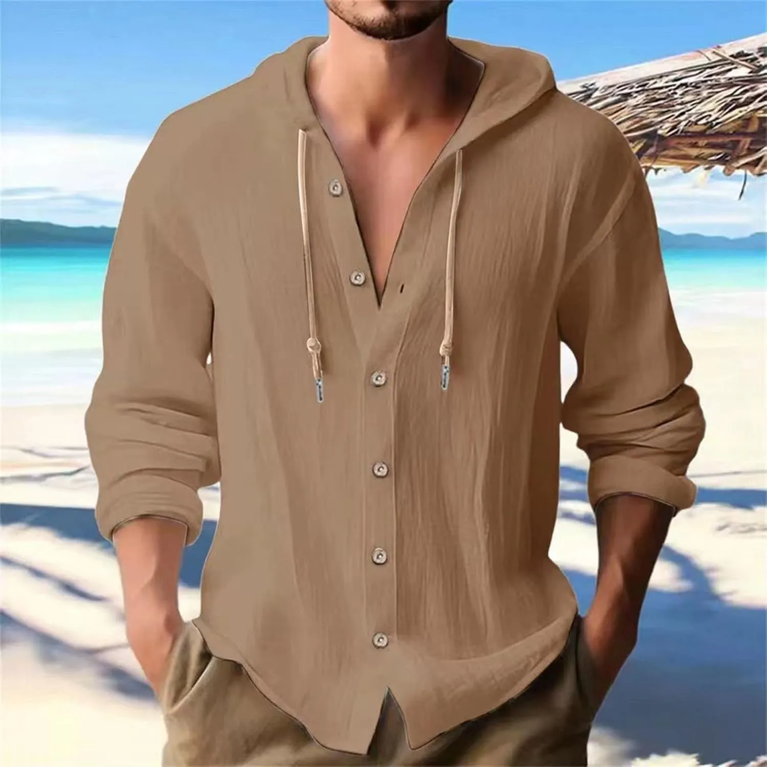 Muscularfit Casual Shirts for Men Summer Loose Fit Long Sleeve Cotton Linen Hooded Sweatshirts Outdoor Fashion Linen Shirts