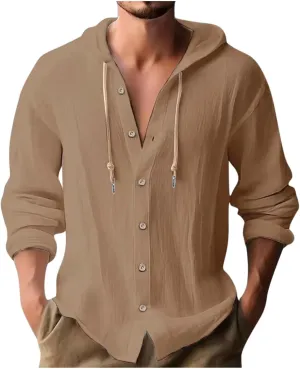 Muscularfit Casual Shirts for Men Summer Loose Fit Long Sleeve Cotton Linen Hooded Sweatshirts Outdoor Fashion Linen Shirts