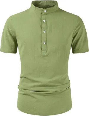 Muscularfit Men's Casual Button-Down Shirts Stylish Short Sleeve Ruched Summer Top Light Weight Cotton Linen Basic Work Shirt