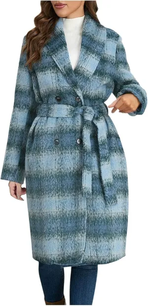 NATHGAM Womens Mid-Long Plaid Trench Coat Winter Vintage Gradient Pea Coat Double Breasted Elegant Woolen Warm Coat with Belt